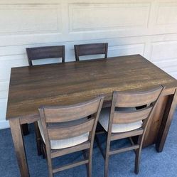 5-PC RUSTIC HIGH TOP GRAY/BROWN FINISH DINING SET (TABLE WITH SHELVES AND 4 PADDED CHAIRS)