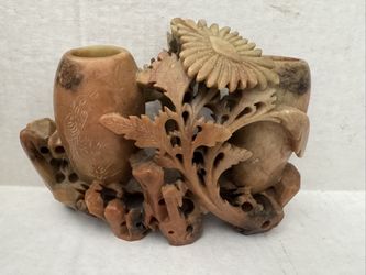 antique Chinese hand carved floral soapstone Double vase