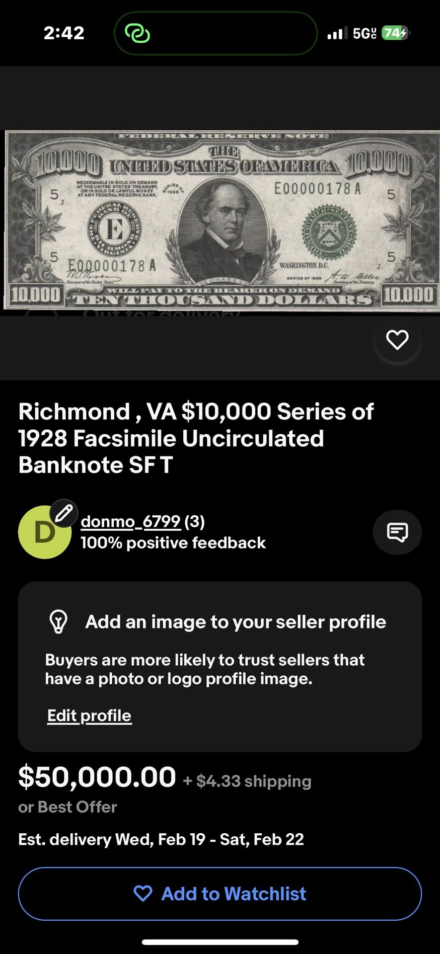Richmond , VA $10,000 Series of 1928 Facsimile Uncirculated Banknote SF T