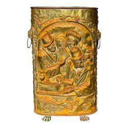 Victorian Repoussé Embossed Brass Umbrella Stand Lion Head Handles Paw Feet