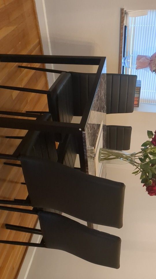 5 Piece Dining Table Set,Kitchen Table Set for 4, Marble Faux Marble Dinner Table Set with 4 Upholstered PU Leather Chairs,Black