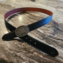 Louis Vuitton Black Leather Belt with Decorative Buckle
