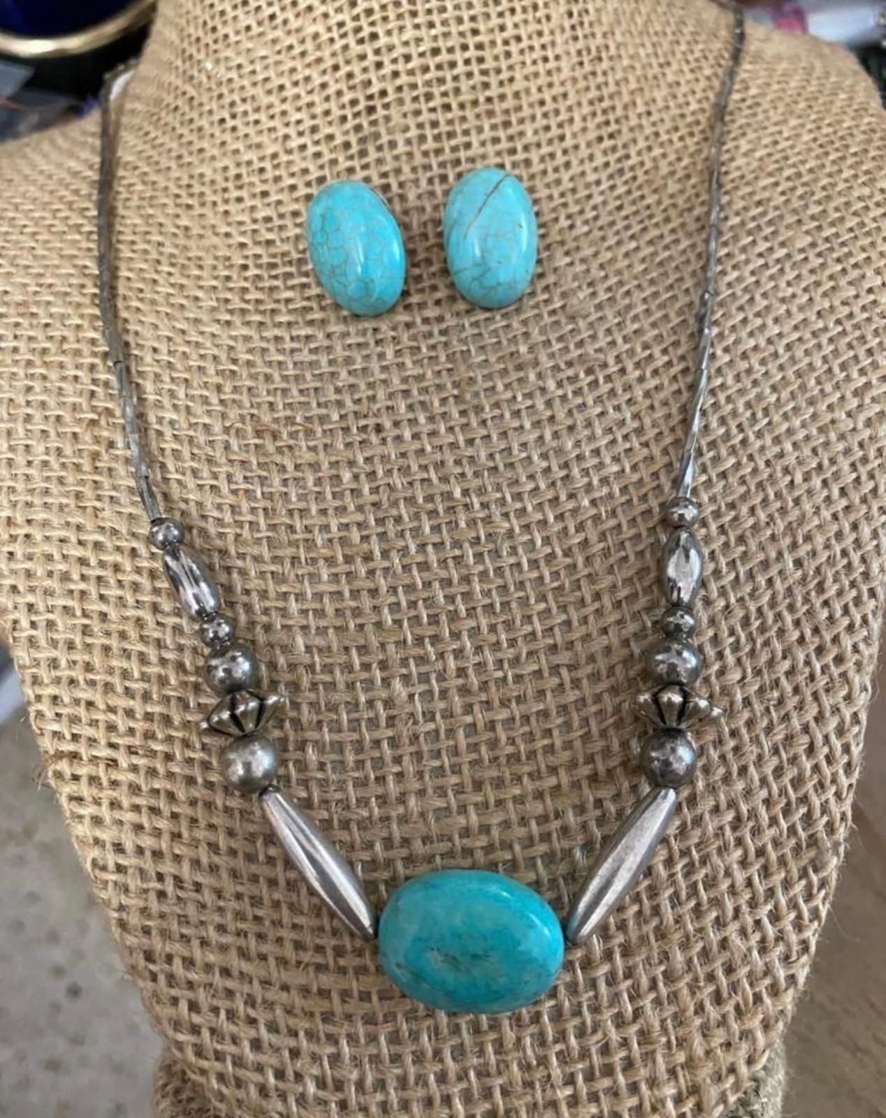 Juego Collar Aretes Stainless Piedras Turquesa Joyería Antigua