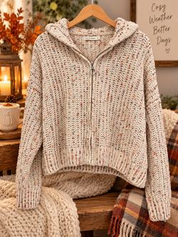 Moon & Madison Cozy Chunky Knit Hooded Zip-Up Cardigan Sweater – Cream Confetti – Size Small