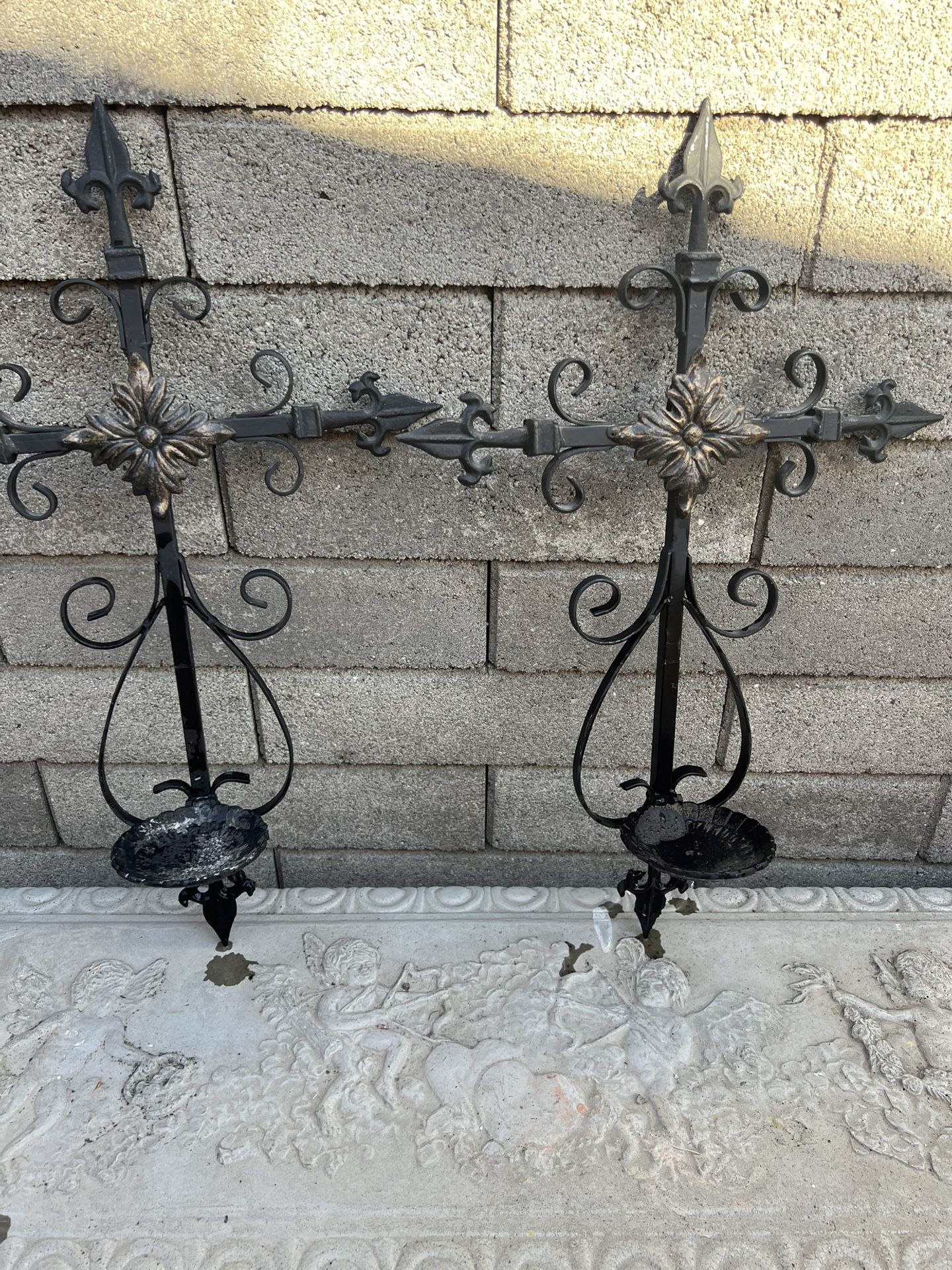 2 VTG: Wrought Iron Black Cross with Candle Holder 24x15.5” 