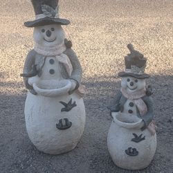 Set of 2 Large Resin Snowman Yard Statues with Bird Accents Holiday Winter Decor

