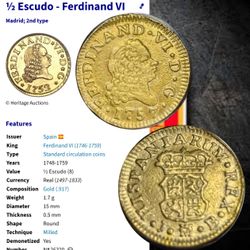 1757  Spanish 1/2 Escudo Fernando VI Gold Coin
