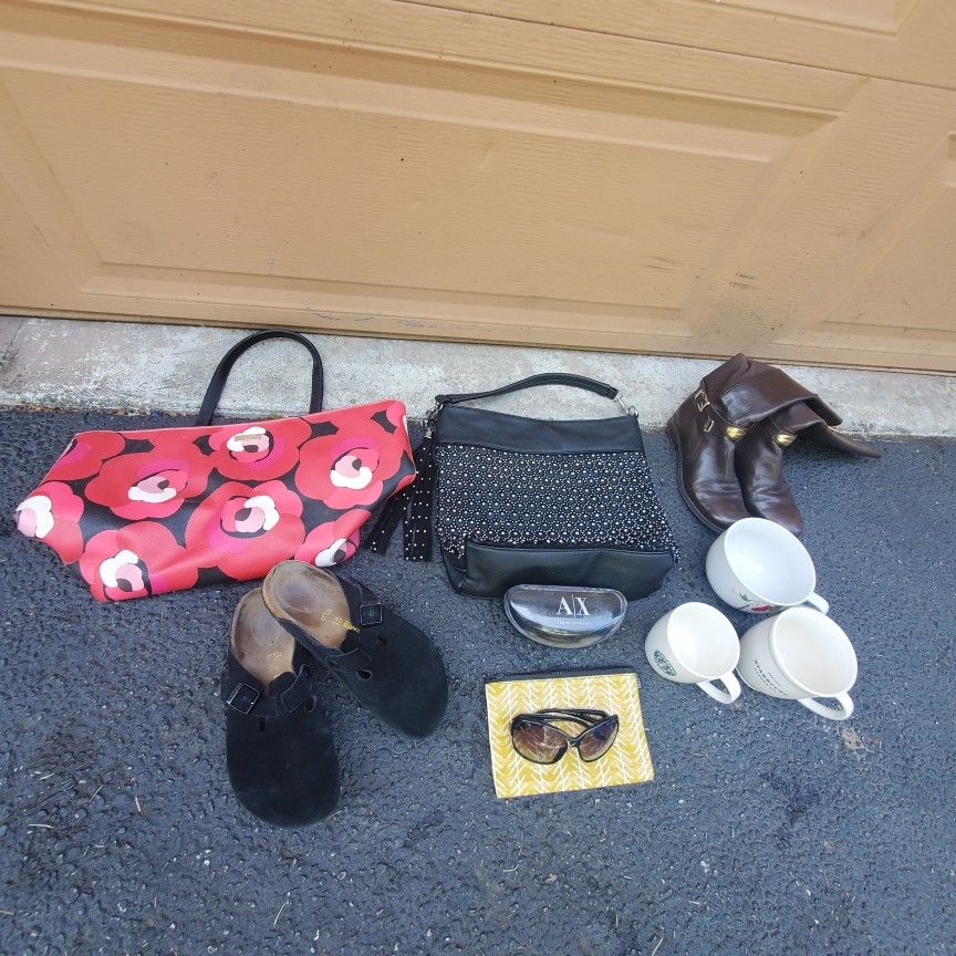 Red Beg $5.kety Speed.black Leather Purse $15. Birkenstock Shoose 9$20. Starbucks Mug $5 Each New.Armani Sunglasses $50.Mk Boots Lether $20