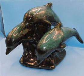 Blue Mountain Pottery Canada Teal Green Glaze 3 Wave Jumping Dolphins 6" Inches