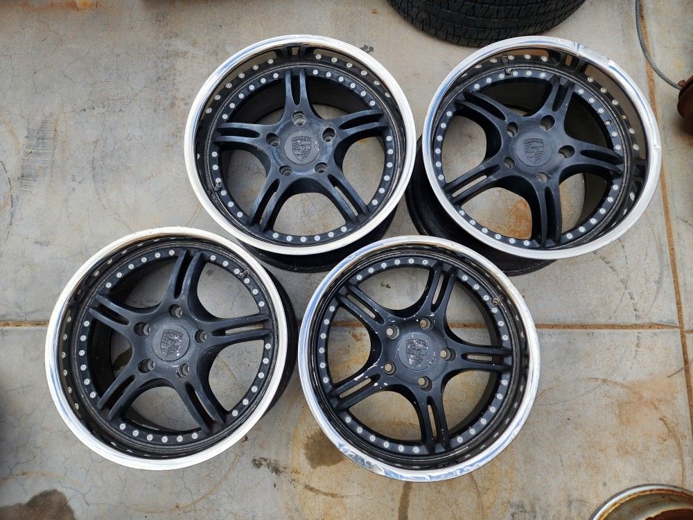 Porsche Staggered 18" Rim Black & Chrome Lip Wheel Set of 4