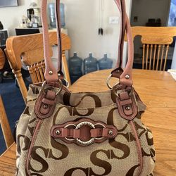 Sophia Caperelli Brown Logo & Pink Leather Trim Satchel Handle Purse 