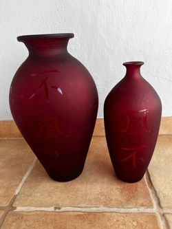 2 Red Frosted Glass Vases With Asian Writing …18” And 15” Height…$30