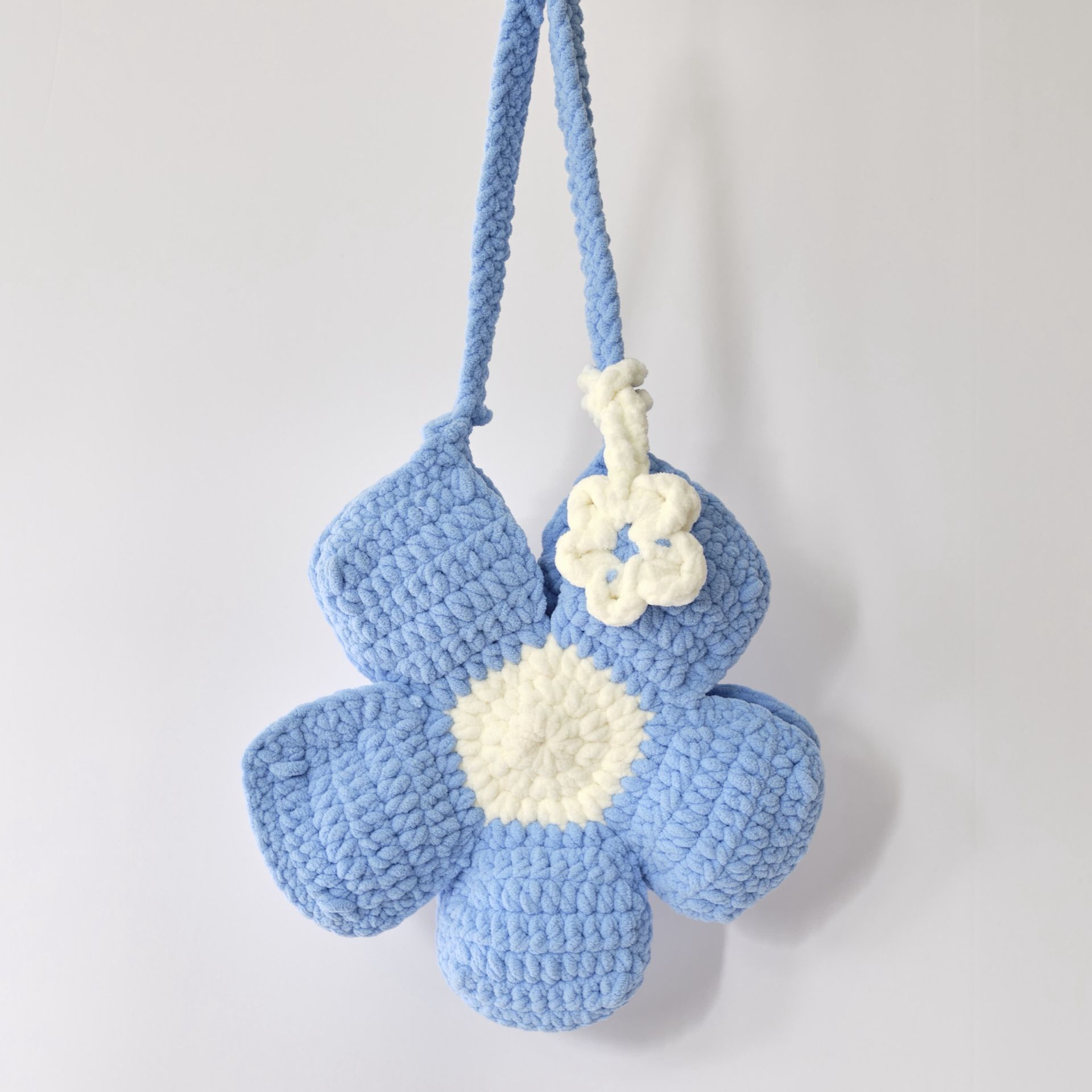 Chunky Knit Flower Tote Bag - Handknit Chenille Boho Purse