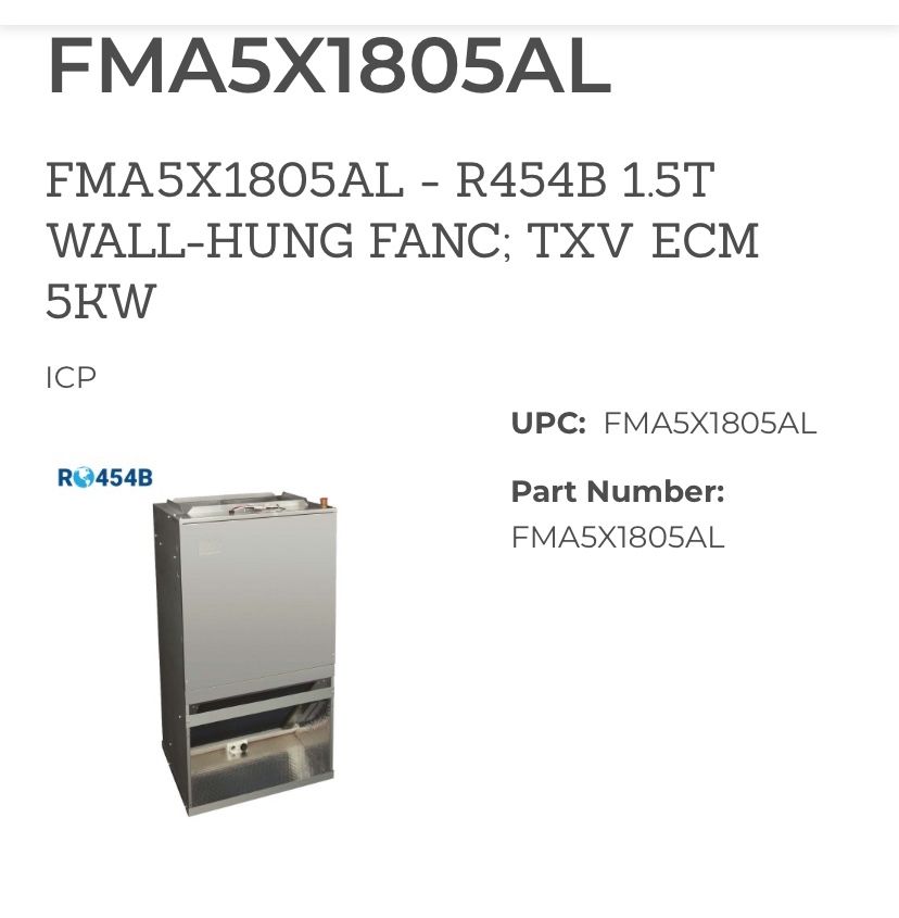 FMA5X1805AL - R454B 1.5T WALL-HUNG FANC; TXV ECM 5KW
