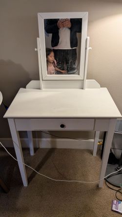 White wood vanity table with seat