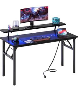 DlandHome 47" Computer Desk with Power Outlets & LED Lights, Black, Bedroom
