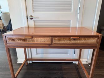 Mid-Century Modern Wood Desk with Rattan Drawers