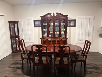 Cherry Wood Dining Table Set with China Cabinet