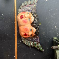Vintage Mexican Carved Wood Double Cherub 