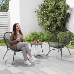 3 Piece Patio Bistro Set, Outdoor Acapulco Chairs with a Coffee Table, All-Weather PE Rattan Patio Furniture Set for Balcony, Garden, Proch, Black