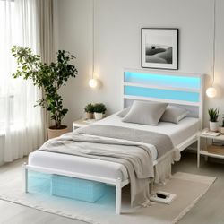 Twin Bed Frame with Headboard,Heavy Duty Steel Slats Support-LED Bed Frame with USB Charging Station,Mattress Foundation-Under Bed Storage,No Box Spri