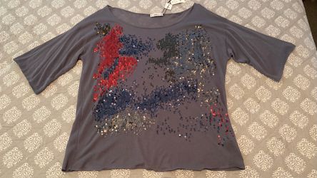 NWT Zara Light Grey Oversized Sequin Blouse Top - Size L