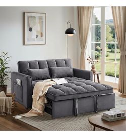 54” Convertible Sofa Bed, Pull Out Couch with Side Pockets, 3 in 1 Velvet Fabric Loveseat Sleeper Sofa Bed , Pull Out Couch with Adjustable Backrest f