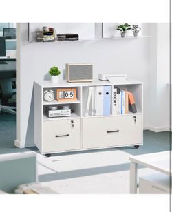 VEVOR 2 Drawer Wooden File Cabinet, Mobile Filing Cabinet with Open Shelves, Lockable Lateral Rolling File Storage with Adjustable Shelves, Free Stand
