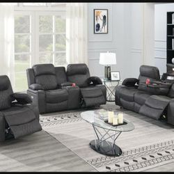 Brand New Grey Leather Power Reclining 3pc Sofa Set