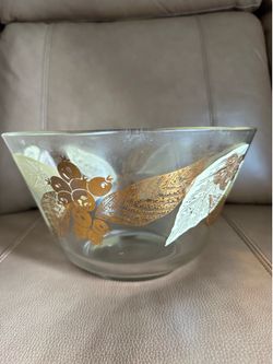 Vintage Retro Berries & Leaves Yellow Gold Glass Serving Bowl- 6 inch tall and 10 inches long