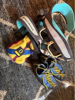 Climbing shoes, harness, chalk bag bundle