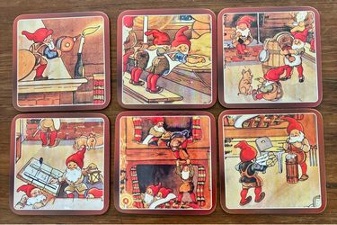 6 Scandinavian gnome coasters, square.