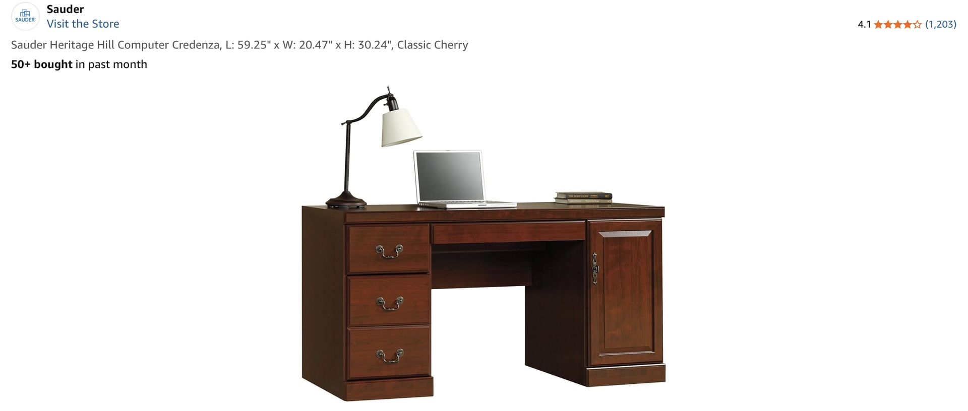 Sauder Heritage Hill Computer Credenza, L: 59.25" x W: 20.47" x H: 30.24", Classic Cherry