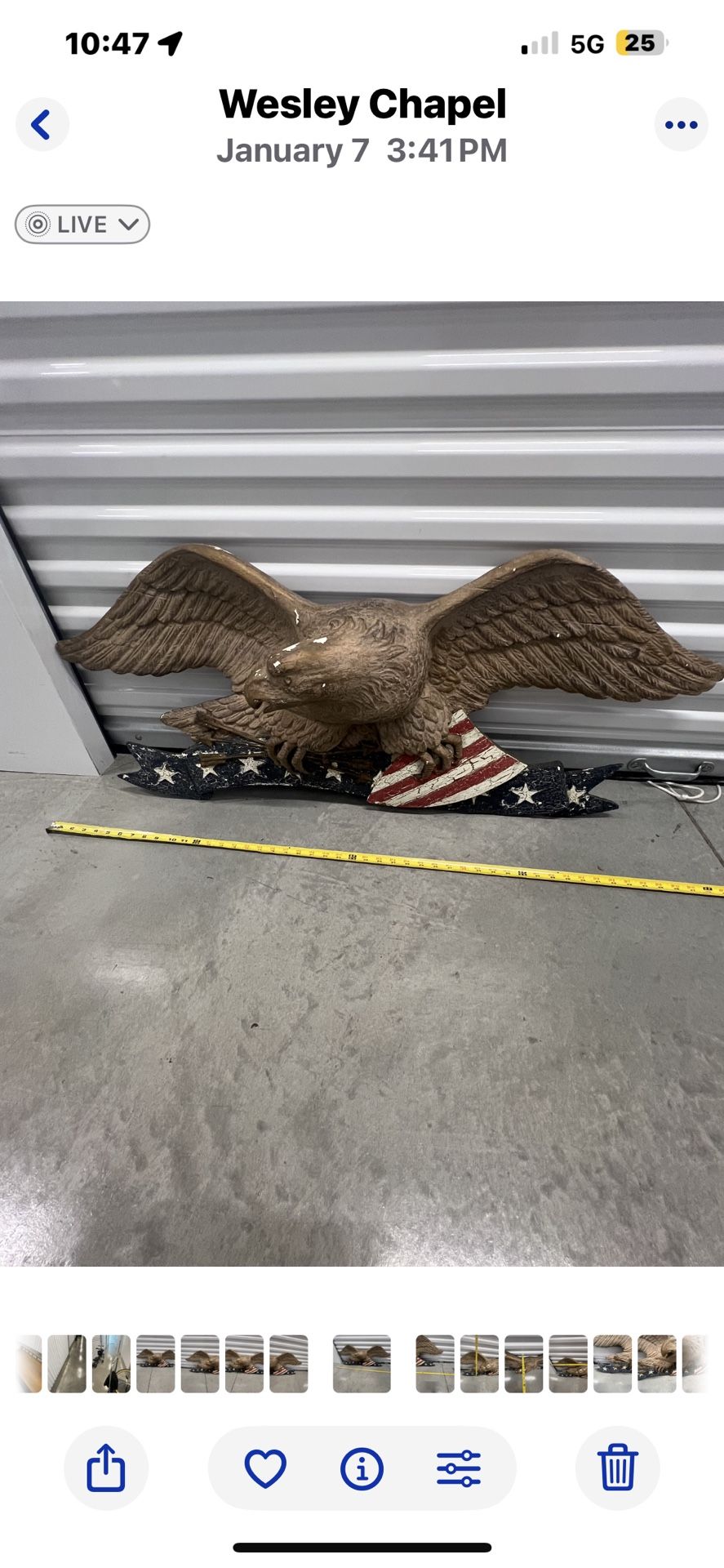 antique Fiberglass carved gold eagle 38inch wing span red white blue Unique Read.  Used in good condition with some cosmetic blemishes. These blemishe