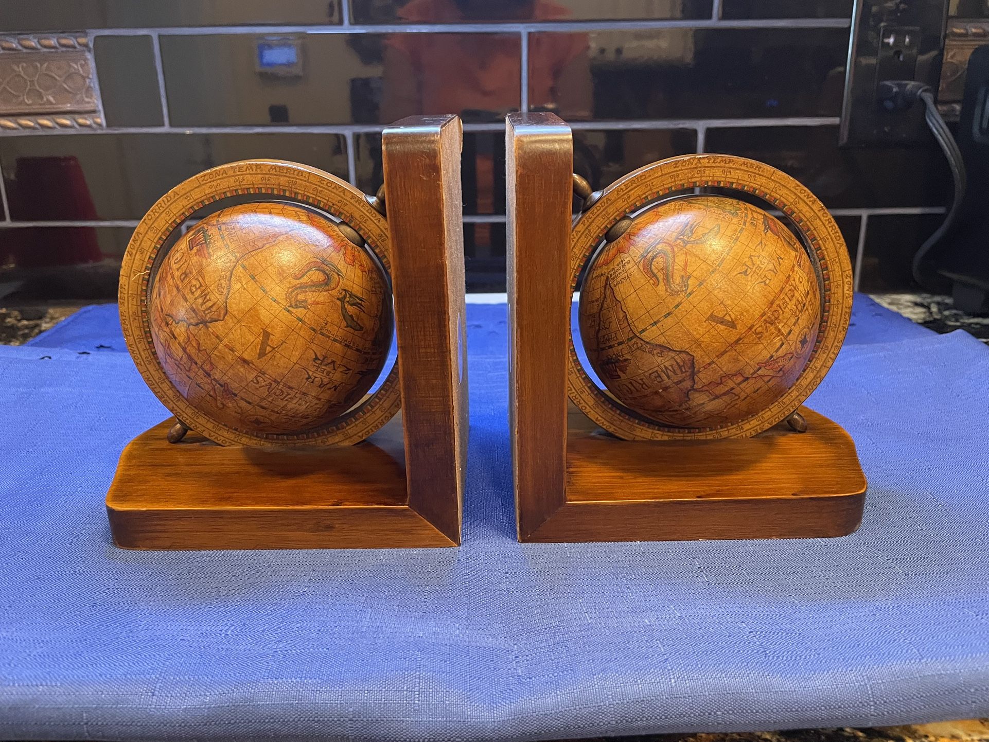 Vintage Pair Of Old World Globe Bookends In Solid Wood