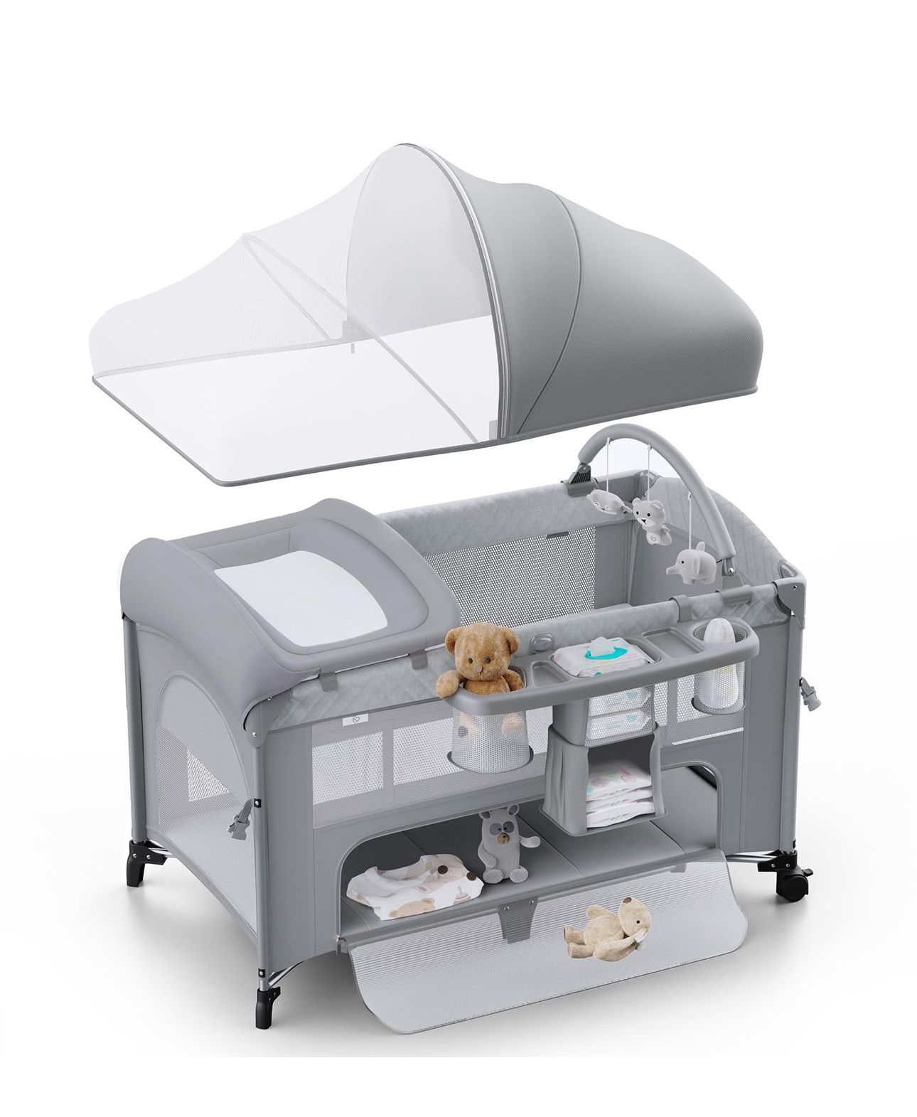 4 in 1 Baby Bassinet, Pack and Play, Bedside Crib Sleeper, Diaper Changer - Comes with Mattress, Mosquito Net，Bottom Storage and Toy Bar for Newborn t