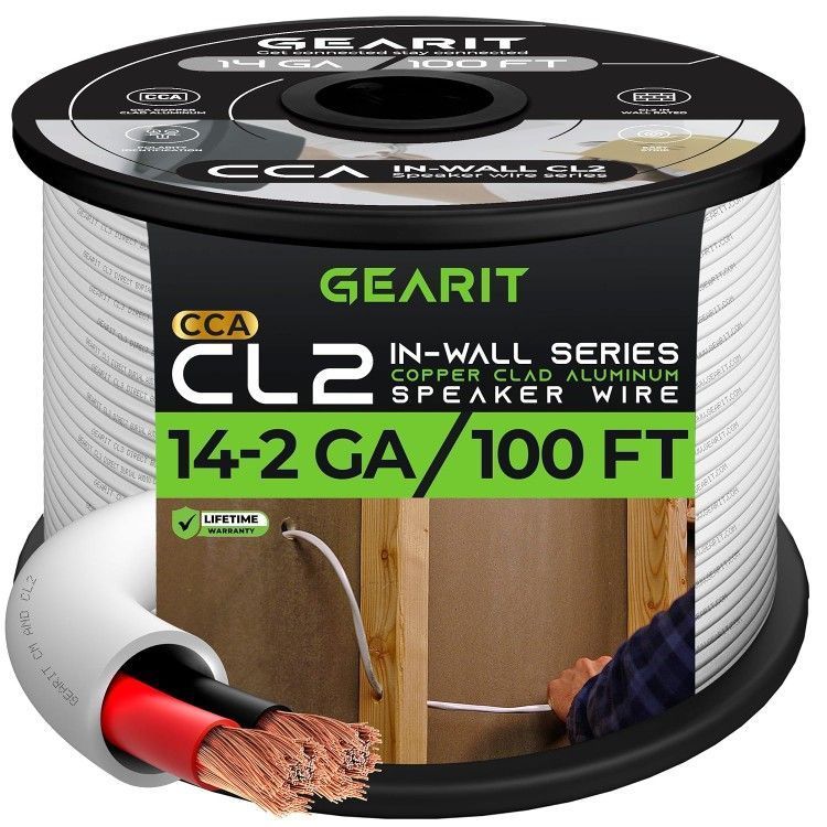 GearIT 14/2 Speaker Wire (100 Feet) 14 Gauge (Copper Clad Aluminum) - Fire Safety in Wall Rated Audio Speaker Wire Cable / CL2 Rated / 2 Conductors -