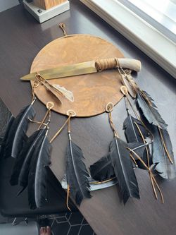 Native American Style Leather Shield with Knife and Feathers