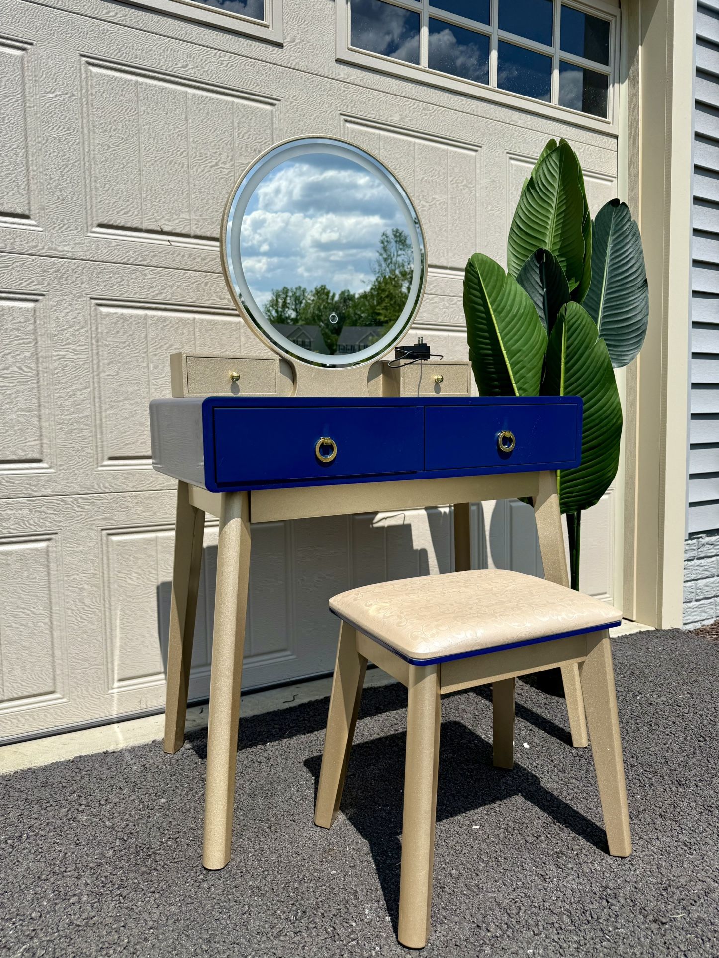 Blue Gold Vanity Table with Stool and LED mirror