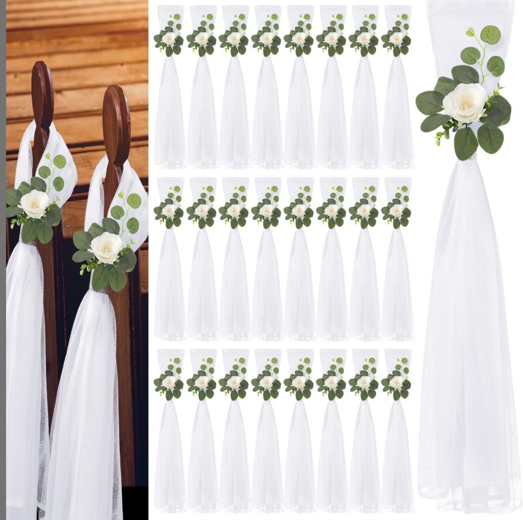 WGXX 24 Set Large Wedding Hydrangea/Gardenia Flowers With Long Tulle Tails, 31.5inch Church Chair Aisle Wedding Pew Decoration For Bridal Shower Recep