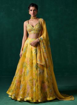 Lashkaraa Yellow Multicolor Floral Printed Lehenga, Size Medium, Like New