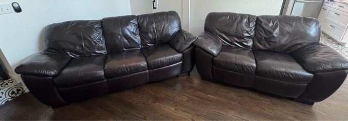 Couch and Love Seat, Brown Leather, Model Biscayne 6983, By Simon Li
