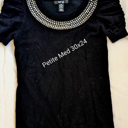 New Style & Co. Petite Medium 30" Bust Fitted Black Gathered Short Sleeve Close Knit Shirt. East or Westside