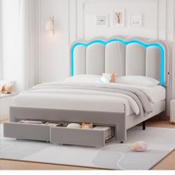 Jocoevol Queen Upholstered LED Bed Frame with 2 Storage Drawers and Adjustable Chic Double Wavy Headboard, Velvet Prince Platform Bed with Charing Sta