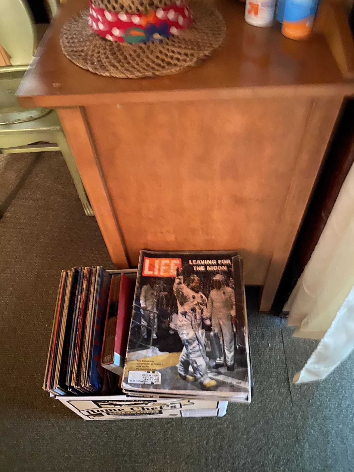 Box of old vinyl and old life magazines