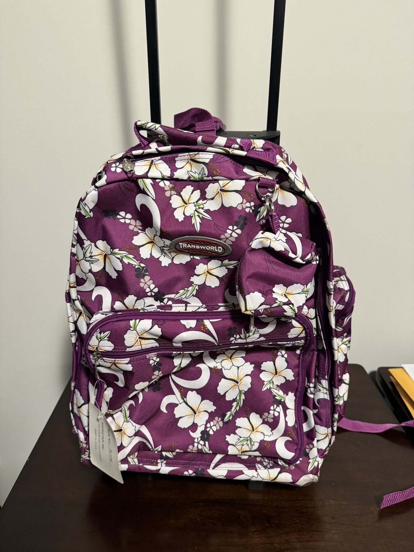 New Hawaiian Print Purple Rolling Wheeled Backpack 