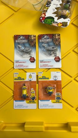 4 FIGURAL ERASER PUZZLES MINION KEVIN & BOB & JURASSIC PARK REX DINOSAUR NEW