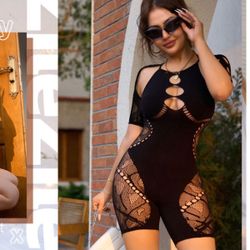 women's sexy transparent mesh cut-out club short jumpsuit