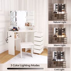 Corner Makeup Vanity Desk with LED Lighted Mirror – 3-Color Adjustable Lighting, 5 Rotating Drawers, Power Outlet, Open Shelves & Stool, Elegant Dress