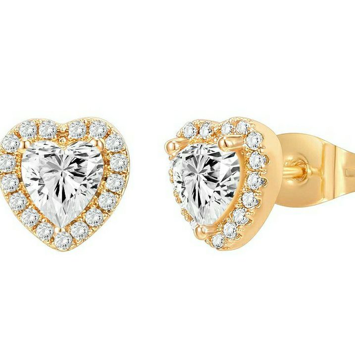 Heart Shaped YellowGold Plated Silver Earrings Diamond-Like Design, Gift for Women